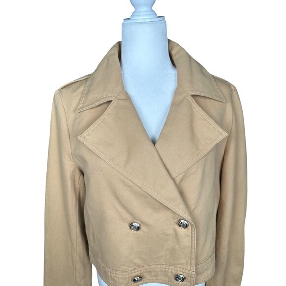 Zara Cropped Tan Denim Jacket Large Trench Military Boho Double Breasted Short - Picture 5 of 11